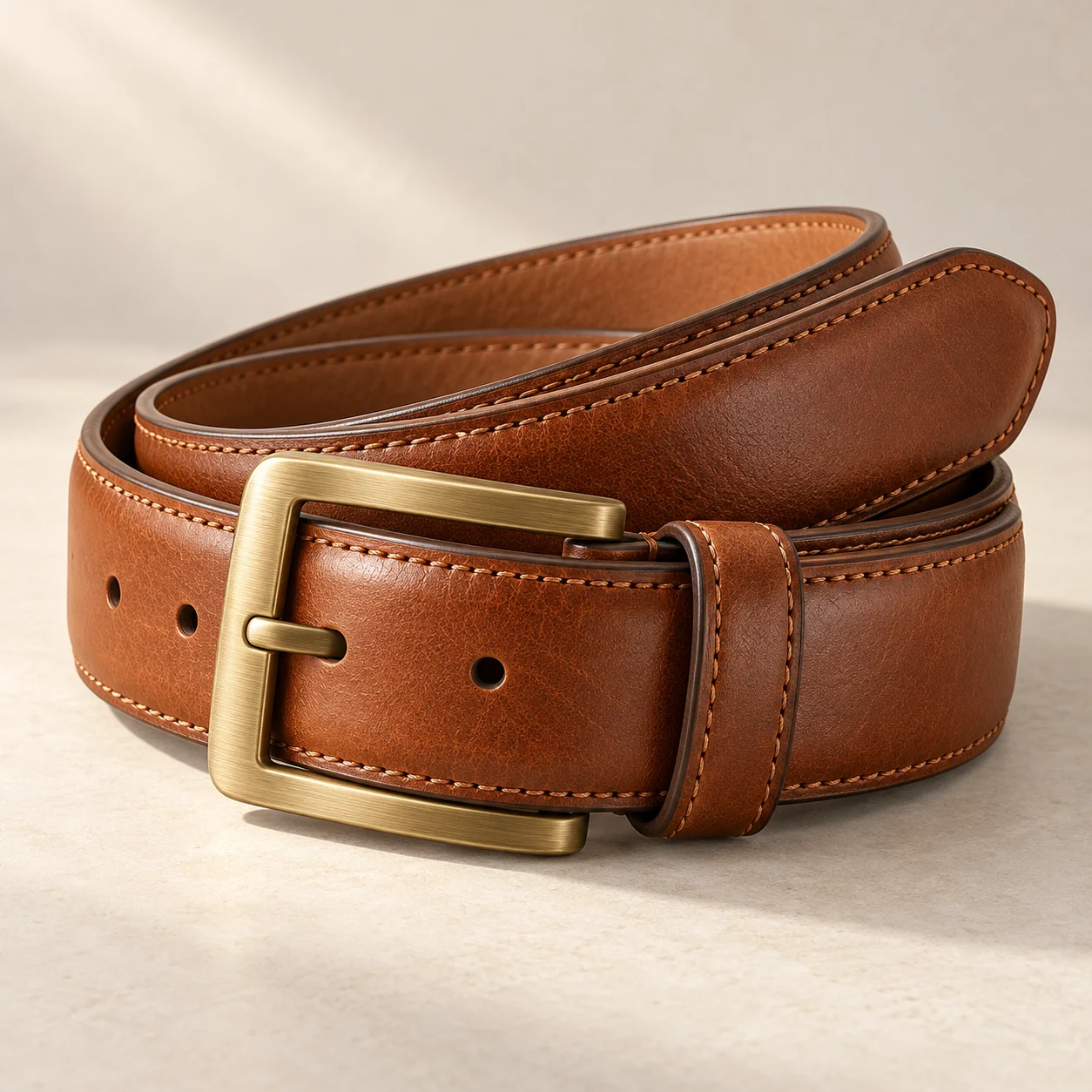 Cognac leather belt with brass buckle — concept imagery