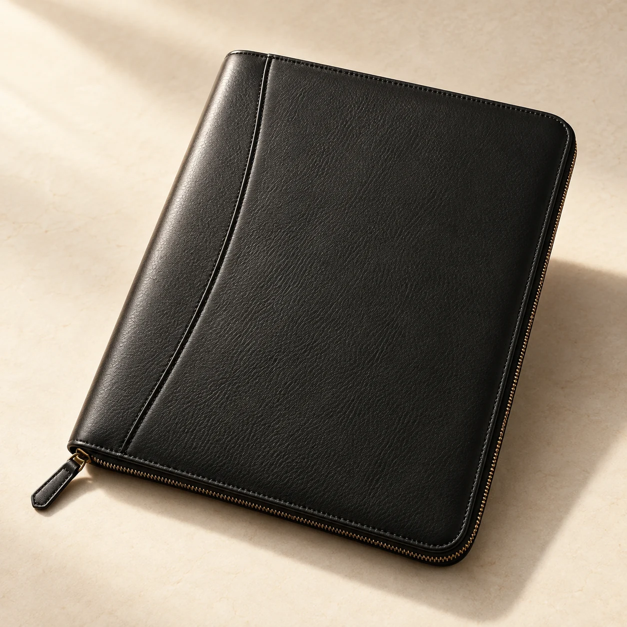 Black leather zip document folio — concept imagery