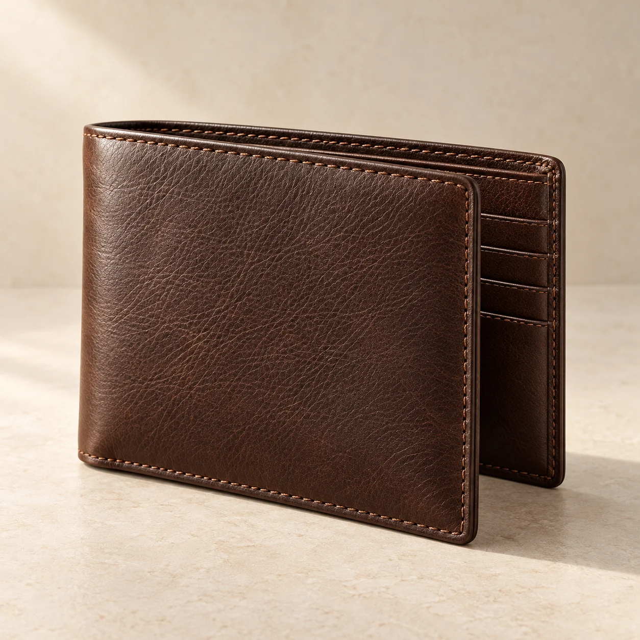 Espresso leather bifold wallet — concept imagery