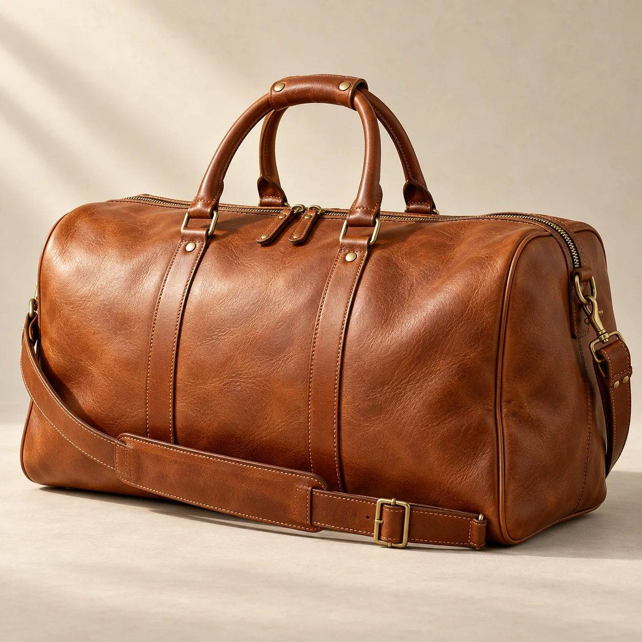 Cognac leather weekender duffel bag — illustrative design sample